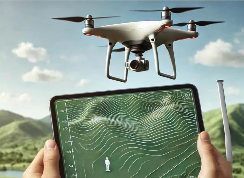 Drone sobre mapa topografico digital