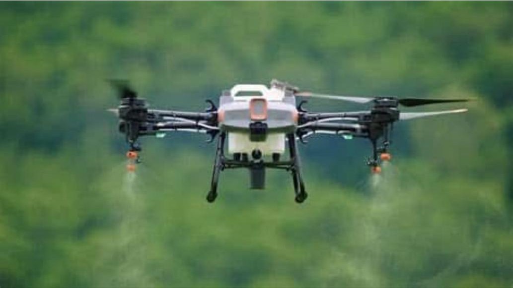 Drone aplicando tratamiento sobre cultivo