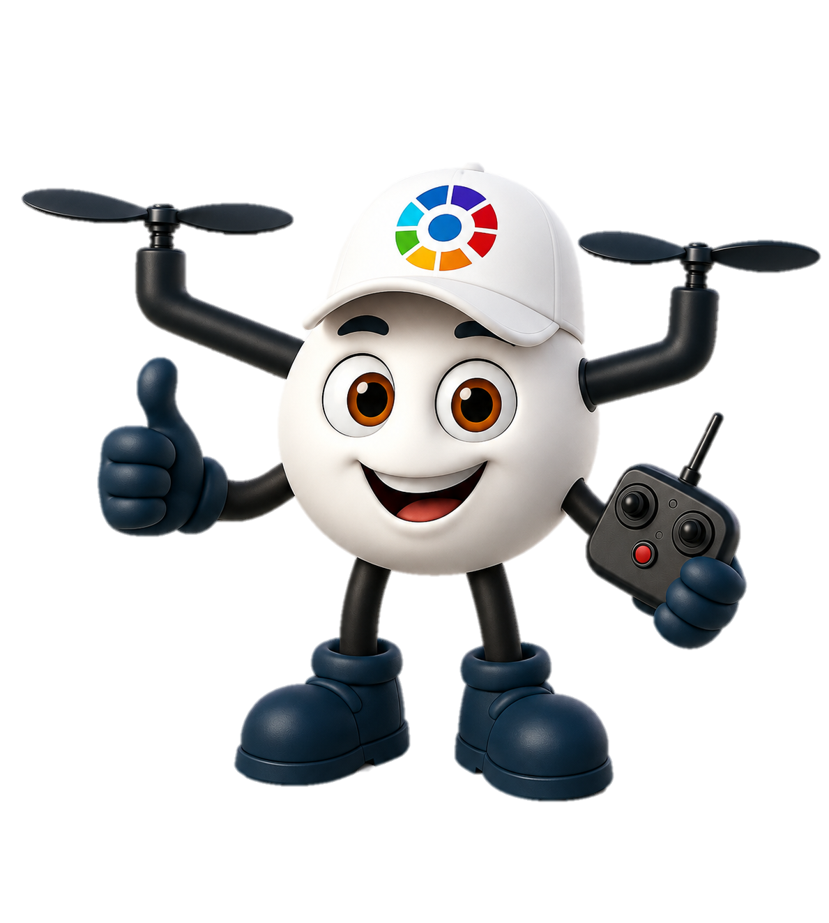 Mascota de Axio con gorra y mando de drone
